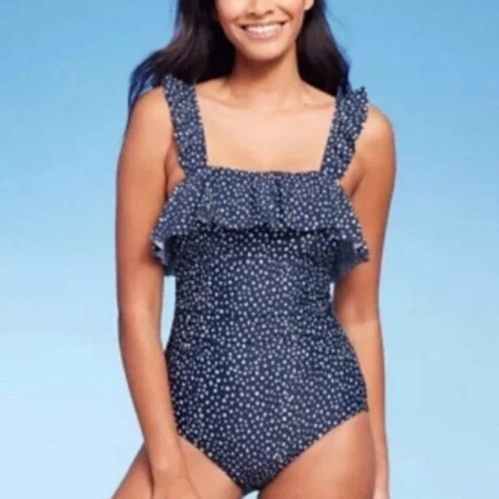 Kona Sol Navy Blue Dot Ruffle One Piece Swimsuit M/14/16 Plus Size 22 NEW